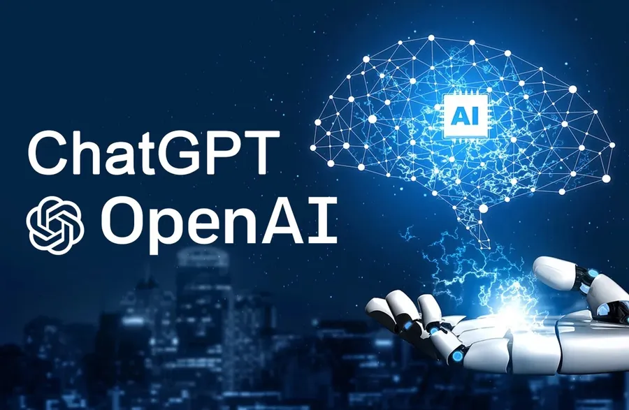 The ChatGPT and OpenAI logos beside a glowing digital brain above a robotic hand.
