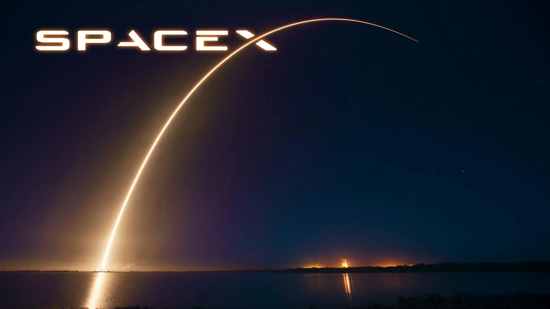 SpaceX logo above a long-exposure photo of a rocket launch arcing across the night sky.
