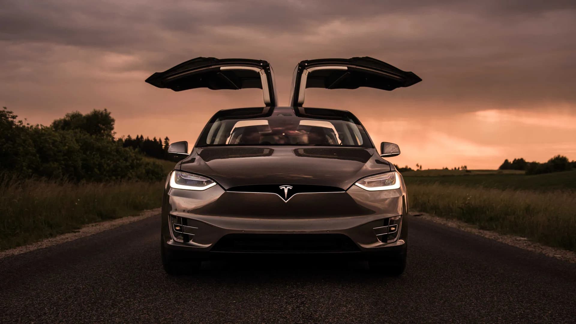 A Tesla Model X with its falcon-wing doors open on a country road at sunset.
